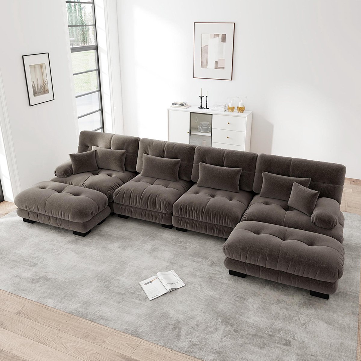 BLACKCOLORS Modulaire hoekbank, U-vormige bankenset voor de woonkamer, comfortabele Cloud-bank voor 4 personen met verplaatsbare chaise longue, DIY-combinatie, Chenille, Bruin