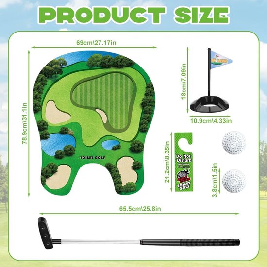 Toilet Golf Set - 6-delig - Luxe Potty Putter Kit - Grappig Cadeau voor Mannen, Vaderdag & Sinterklaas - Badkamer & Kantoor Gadget - Groen - 80x69 cm — afbeelding 5