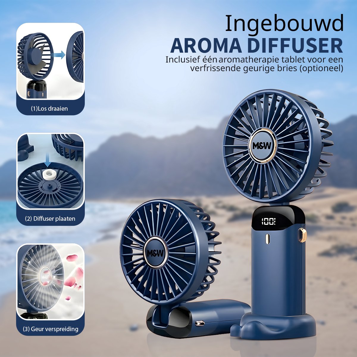 Draagbare Elektrische Hand Ventilator - Airco Verkoeling - Mini Tafelventilator - 5 standen USB Oplaadbaar - Zomer Cadeau Blauw — afbeelding 10