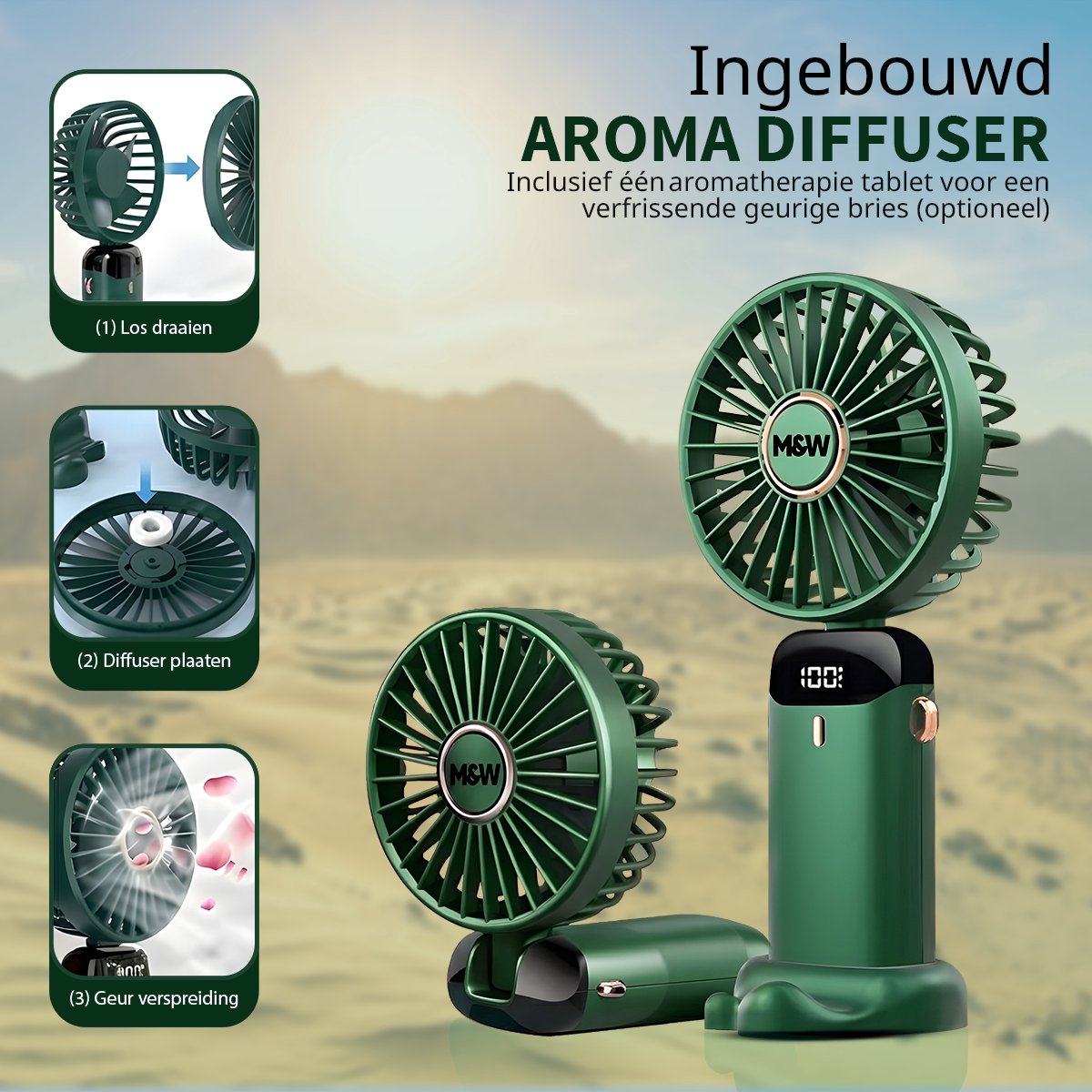 M&W Draagbare Hand Ventilator Hand Fan - Airco Verkoeling USB Ventilatoren - Handventilator Groen — afbeelding 7