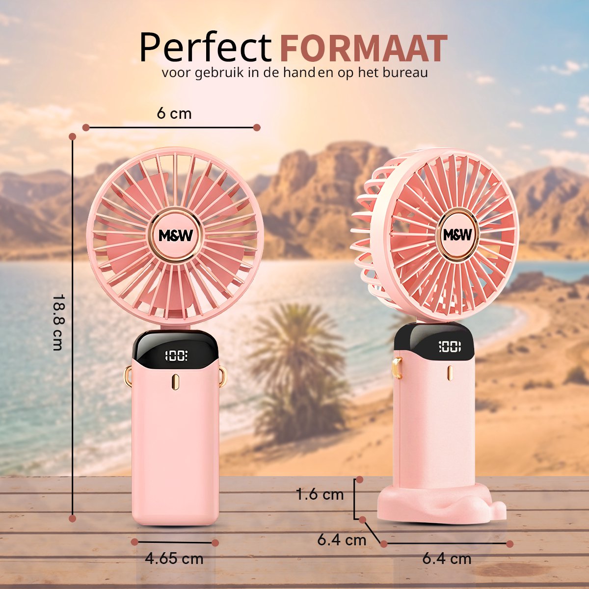 M&W Draagbare Elektrische Hand Ventilator - Mini Hand Fan - Airco Verkoeling - USB Oplaadbare Ventilatoren - Handventilator Roze — afbeelding 2