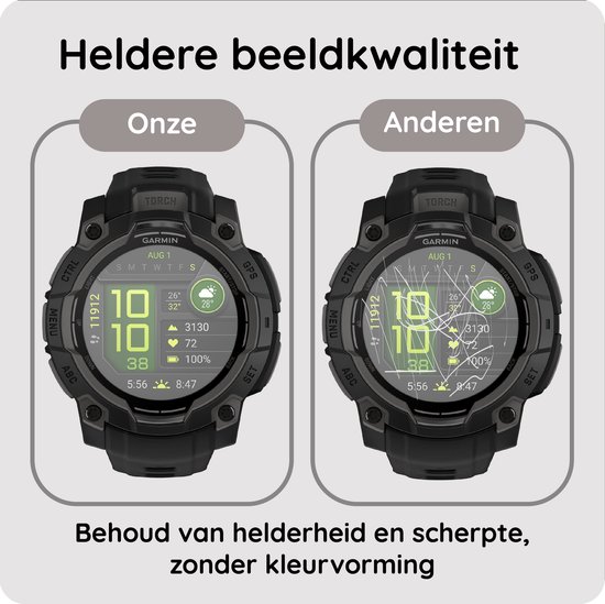 Vergelijking van Garmin smartwatches: de ene met onze screenprotector voor heldere beeldkwaliteit, de andere zonder.