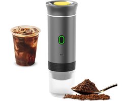 Donkergrijze draadloze koffiemachine voor in de auto, thuis en op reis, 3-in-1 elektrische koffiemachine, geschikt voor capsules of gemalen koffie, mini-koffiemachine met 15 bar druk voor koud en warm koffiezetten, kop met een inhoud van 150 ml.