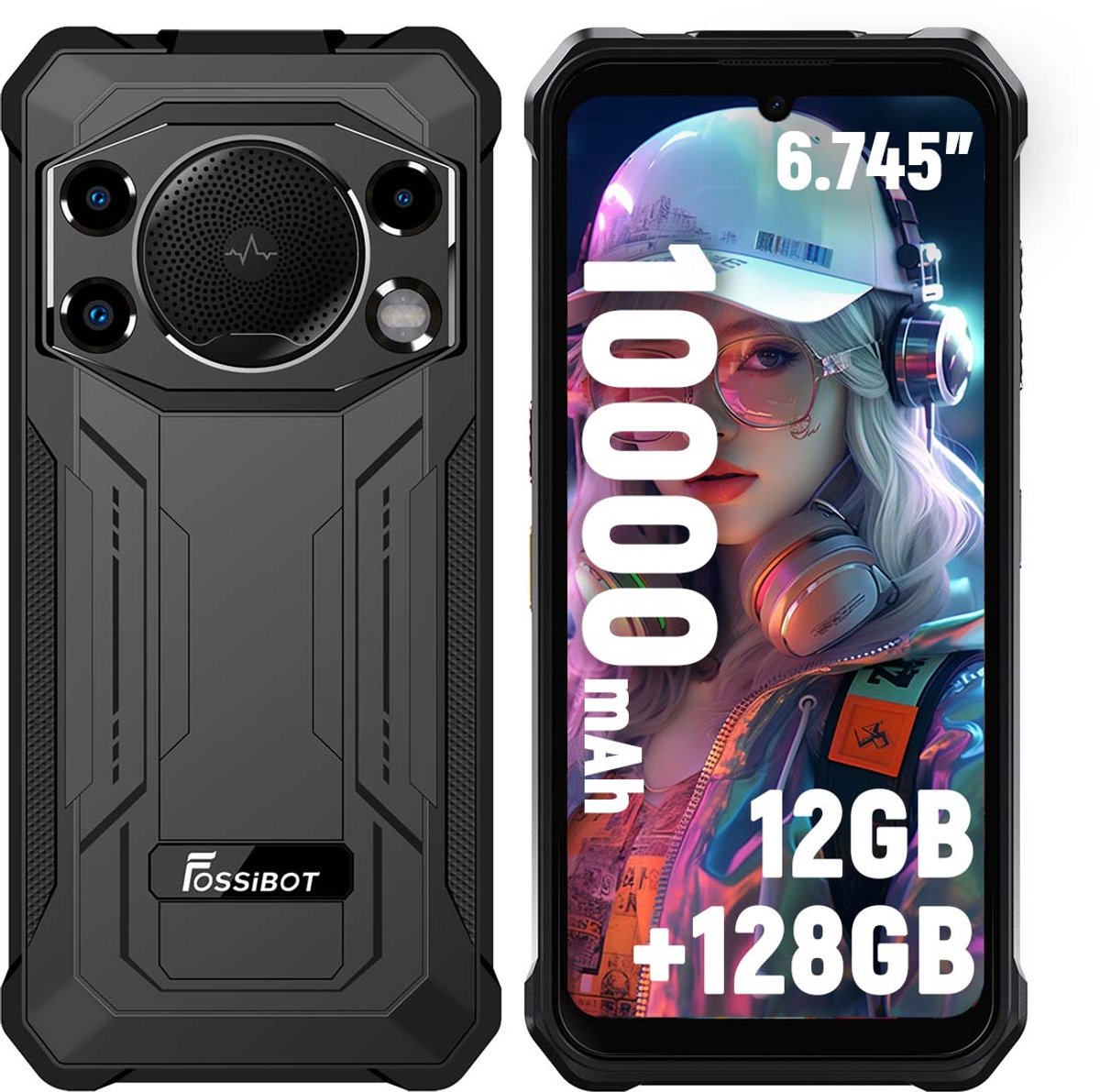 FOSSiBOT F110L Robuuste Smartphone - 12GB RAM - 128GB ROM - 10000 mAh - 6,745 inch HD+ IPS Scherm - IP68 Waterdicht Outdoor Telefoon - Android 15 - GPS,NFC,Face ID,OTG - Zwart