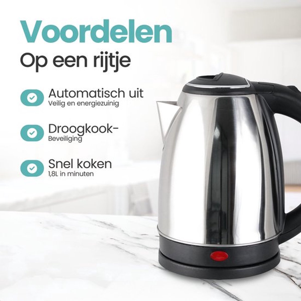 Elektrische Waterkoker RVS 1.8L – 1850W – Automatische Uitschakeling & Droogkookbeveiliging — afbeelding 2