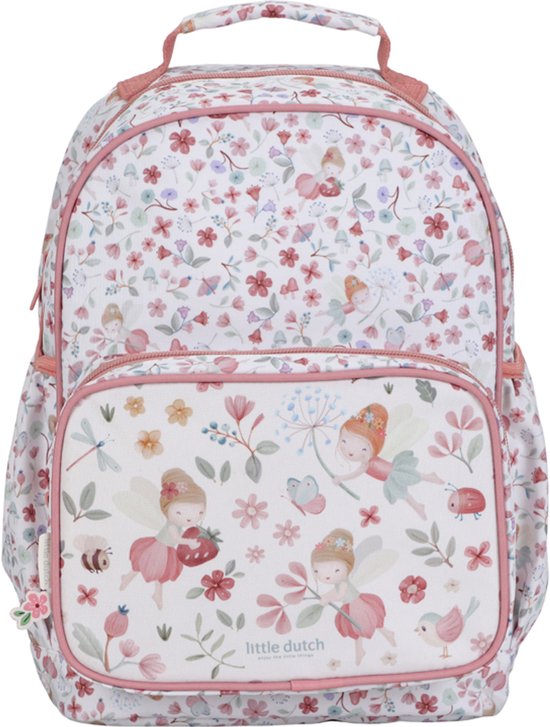Sac à dos rose avec imprimé floral et de fées. Poche avant avec fées, coccinelle, abeille et libellule.