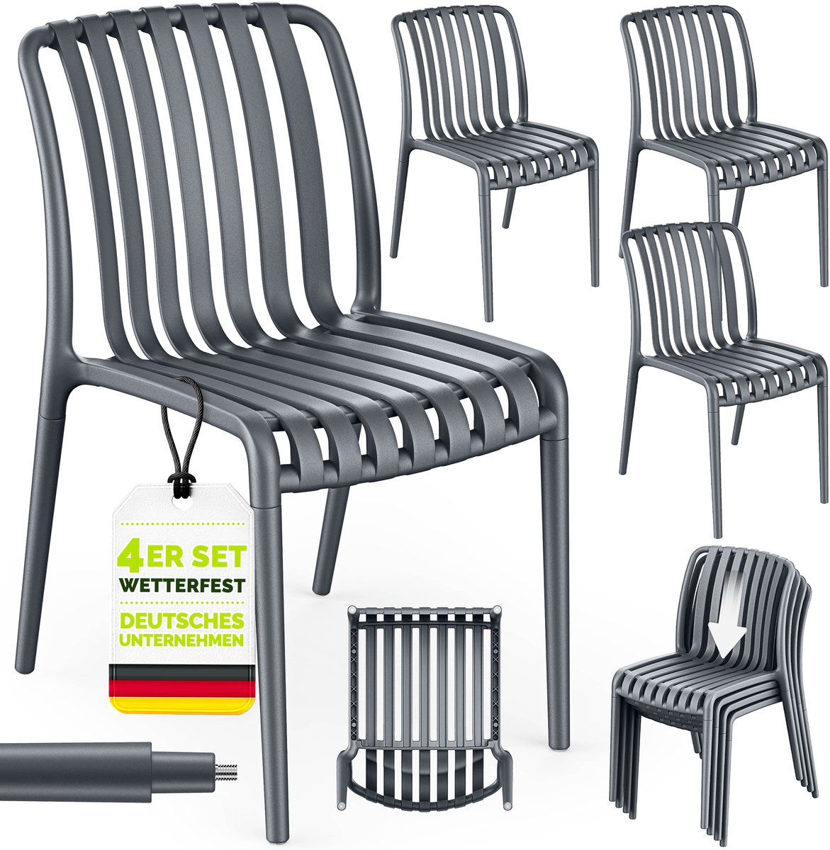 tillvex® Tuinstoelen 4-delige Set Stapelbaar Weerbestendig zonder Armleuning | Outdoor Stoelen tot 120kg Belastbaar | Tuinstoelen Outdoor | Terrasstoel Tuinmeubelen Balkon Tuin Terras