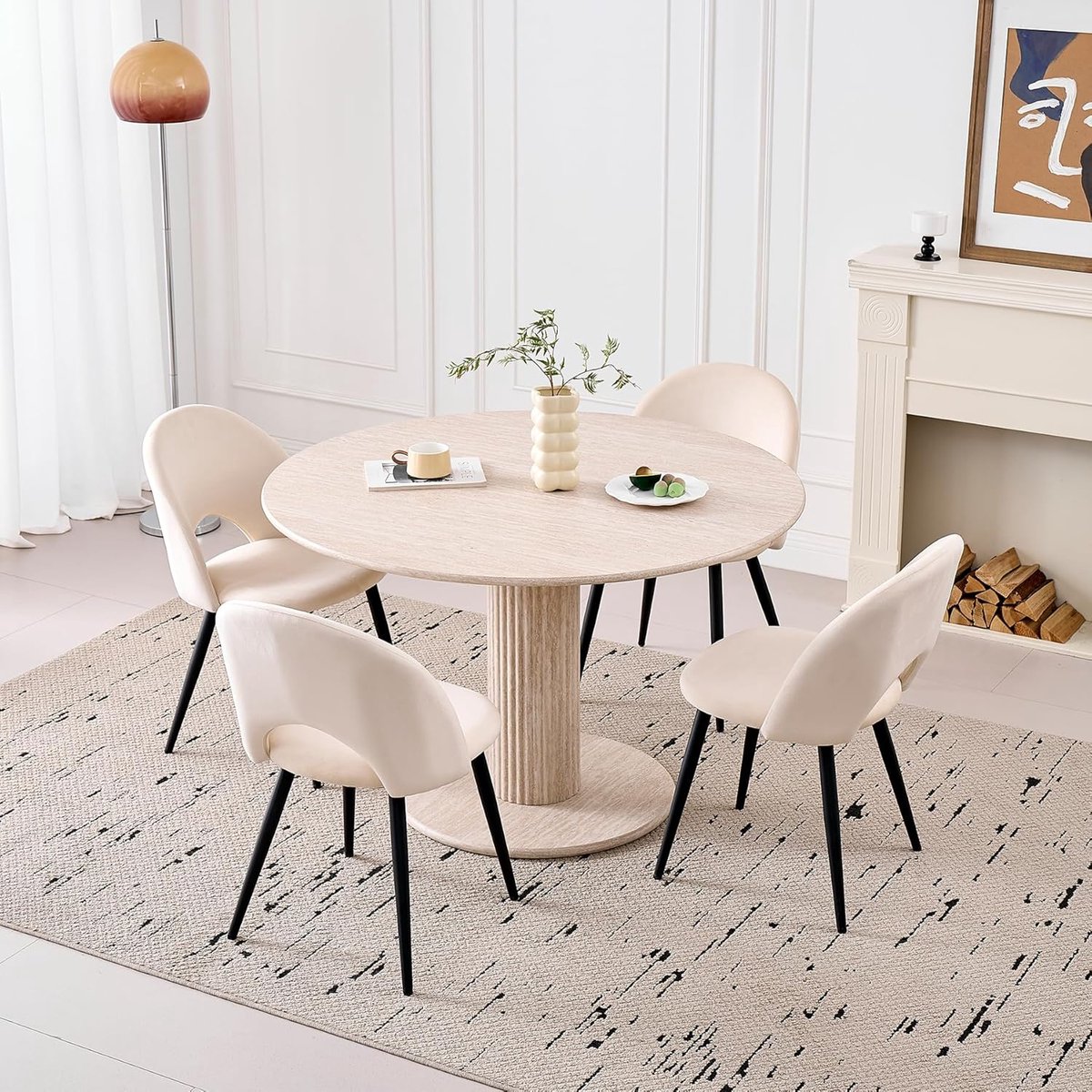 House&Garde Luxe Ronde Eettafel Beige Steenmotief – Design Keukentafel met Romeinse Zuilvoet – Ø 115 cm x 75 cm – Moderne Bistrotafel voor 4-6 Personen