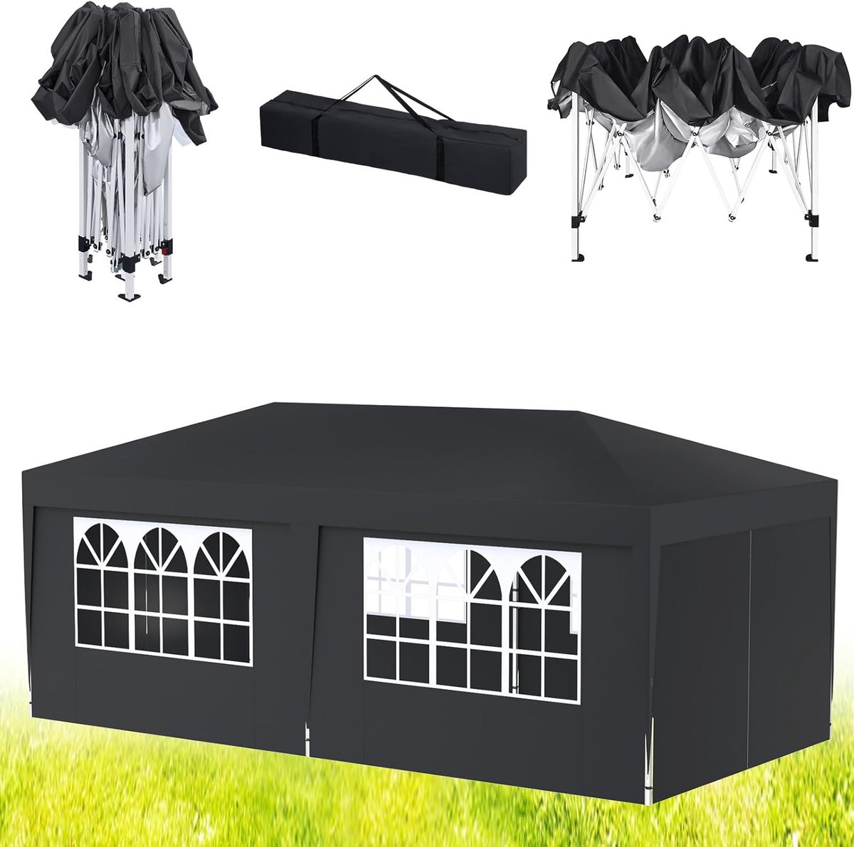 Aufun opvouwbaar tuinpaviljoen – 3 x 6 m – met 6 zijwanden (4 met ramen, 2 met rits) – UV-bescherming – antraciet – voor buiten en kamperen