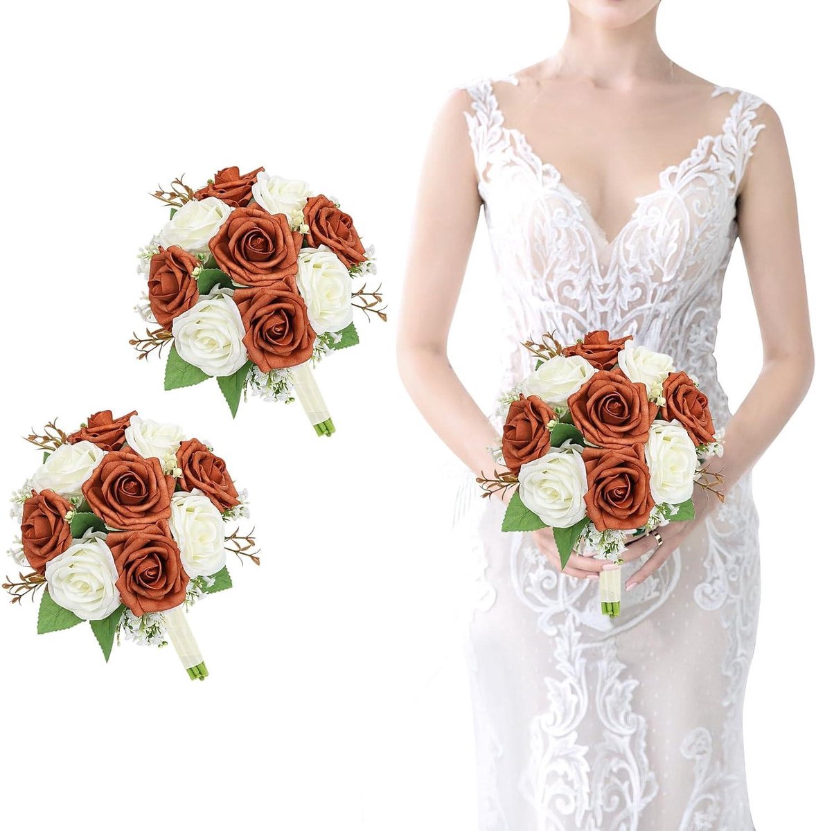 Bruidsmeisjes Boeketten - Kunstbloemen Set - Bruiloft Decoratie - Realistische Zijde Bloemen - Set van 2 - Oranje Wit