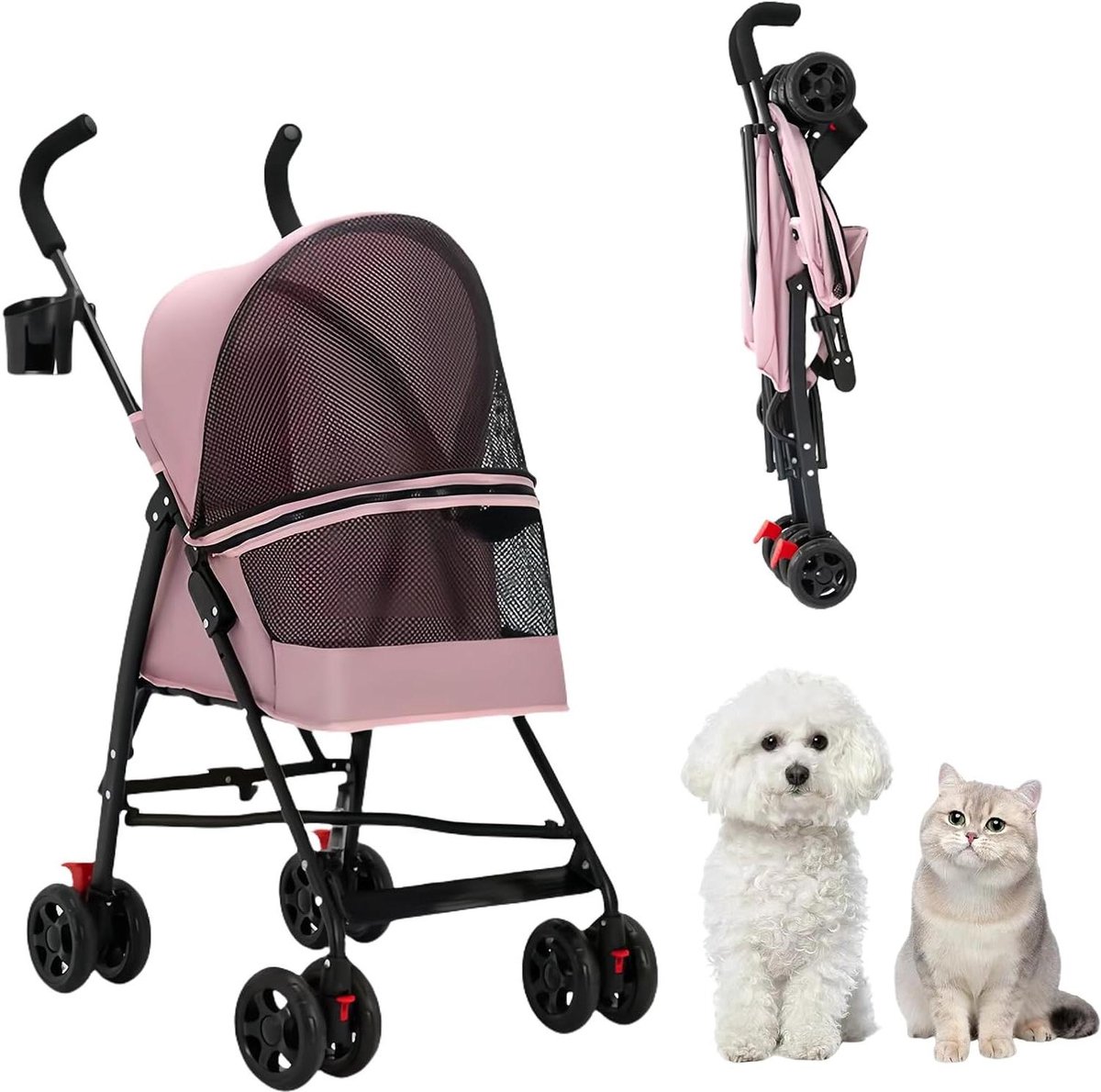 Honden Wandelwagen - Dierenbuggy - Comfortabel Reizen - Panoramisch Gaasvenster - Tot 15 lbs - Roze