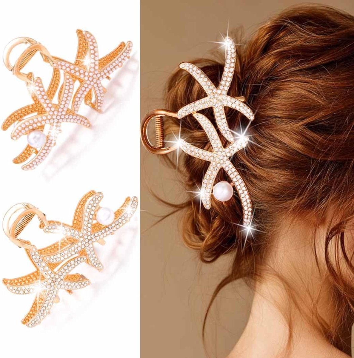 Haarclips Zeester - Parels Strass - Haar Stijlen - Decoratief Design - Set van 2 - Goud Zilver
