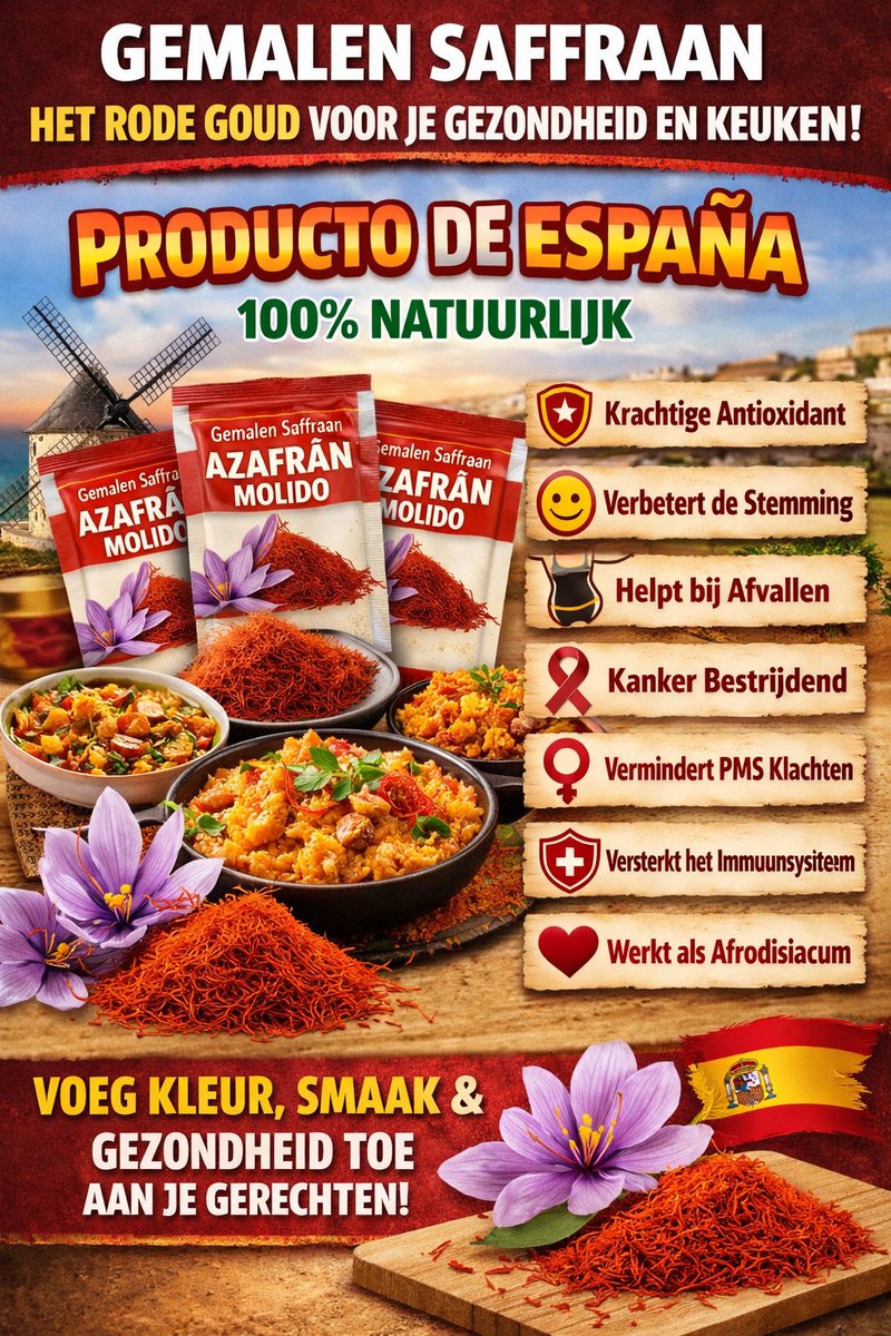 3 SACHETS Gemalen saffraan AZAFRAN MOLIDO …voor stoofschotels, paella, pasta, stoofschotels, vlees, vis, omeletten, zeevruchten. Afvallen. 100% natuurlijk. Kleur, aroma en smaak. Het geheim van een echte mediterrane gezonde keuken. Vervang zout