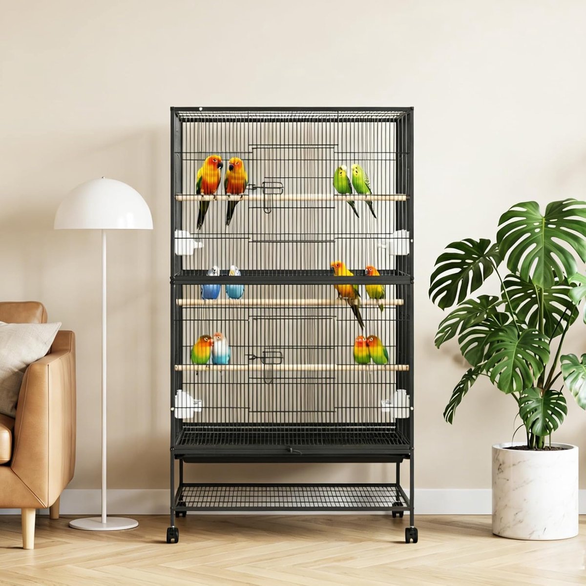 Vogelkooi met rolonderstel - Ruime vogelkooi met opbergplank - Dubbeldeks vogelkooi - 155 × 92 × 57 cm - Zwart thumbnail 4