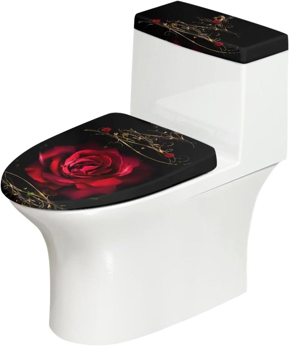 Toiletbrilhoezen Set - Toiletdecoratie - Badkamer Opfrissen - Elastische Pasvorm - Universele Maat - Rode Roos