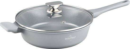 Swiss Haus® BDF26S Hapjespan Inductie met Deksel - Ø 26 cm / 3.1 Liter - PFAS Vrij - Hapjespannen Voor Alle Warmtebronnen - Braadpan Met Sapphire™ Antiaanbaklaag - Grijs
