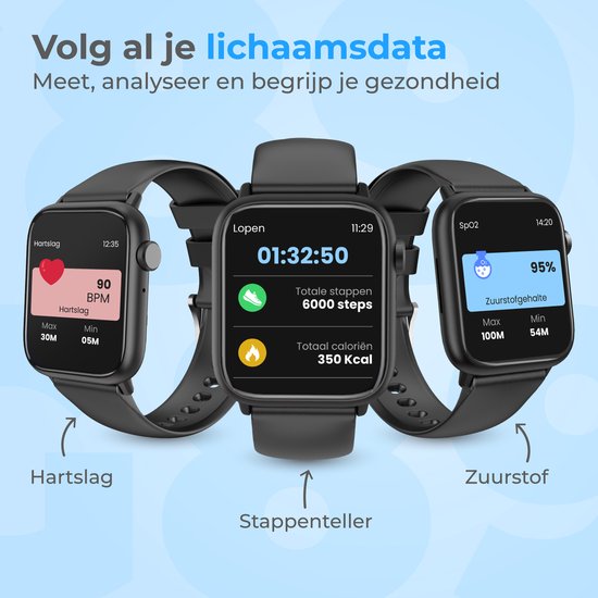 The Life Style Goods - Montre connectée pour femmes/hommes - Moniteur de fréquence cardiaque et podomètre - Android/IOS - Étanche - Zwart