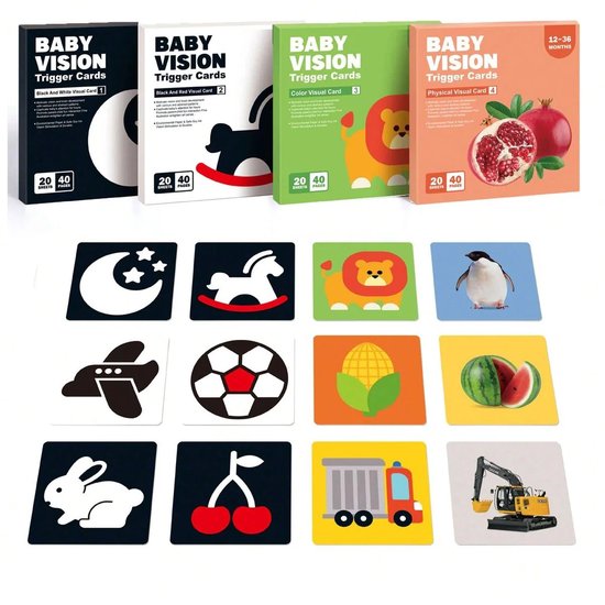 Baby Vision Ontwikkelkaarten 0–36 Maanden - Meegroei Visuele Stimulatiekaarten voor Baby’s - Zwart-Wit Contrast, Kleuren & Dieren voor Breinontwikkeling - Veilig & Duurzaam - 80 Kaarten — afbeelding 2