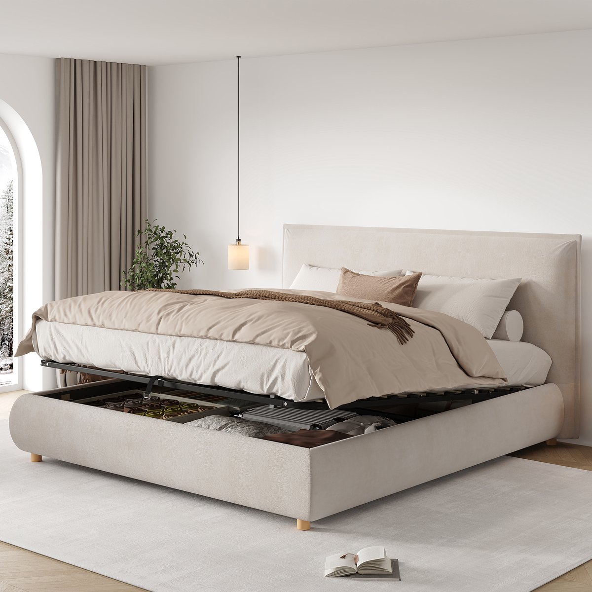 HAUSS SPOLE Gestoffeerd Bed 180x200 cm - Tweepersoonsbed Met Hydraulische Opbergruimte en Lattenbodem - Met Hoofdbord - Zonder matras - Fluweel - Creme Crème