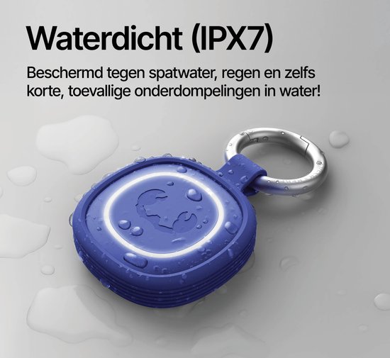 Blauwe Smart Finder 2 tracker met verlichting, bedekt met waterdruppels.
