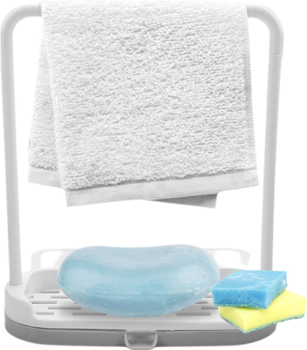 Sponge holder voor de gootsteen - keukenhanddoekhouder voor vaatdoeken - afwaspons houder met zeepdispenser (Grijs)