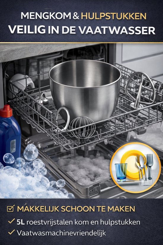 Jurrys Keukenmachine 1500W - Keukenmixer met 5L RVS Kom - 10 Snelheden - Inclusief Deeghaak, Garde & Klopper - Foodprocessor van Merkloos — afbeelding 4