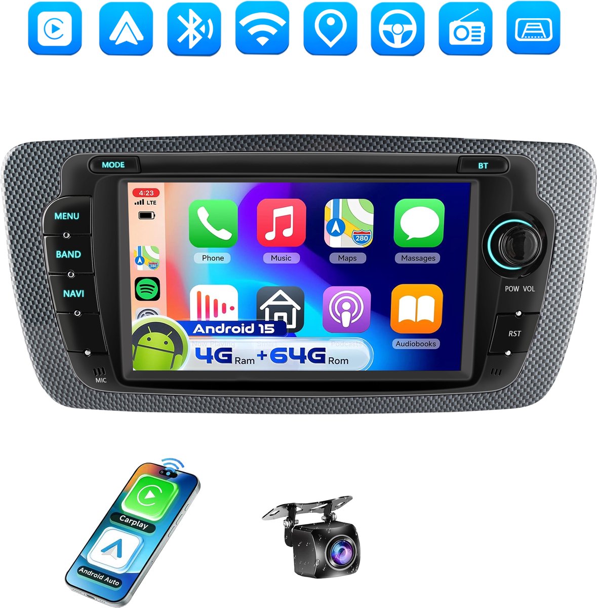ESSGOO Autoradio Geschikt voor SEAT IBIZA MK4 6J 2009 t/m 2013 - Android 15 - Apple Carplay & Android Auto (Draadloos) - 4+64GB - 7 Inch HD IPS Touchscreen - GPS, WIFi, Bluetooth, USB, MP5 - Achteruitrijcamera