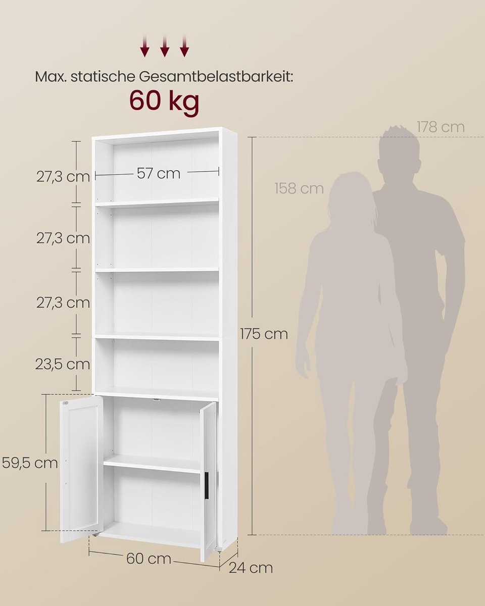 Boekenkast 175 cm Hoog – Smalle Design Boekenkast met Deur en Open Vakken – 6 Niveaus Verstelbare Planken – 24x60x175 cm – Ruimtebesparende Opbergkast voor Woonkamer, Kantoor & Eetkamer – Wolkenwit – ABTkantoor Premium Custos Collection