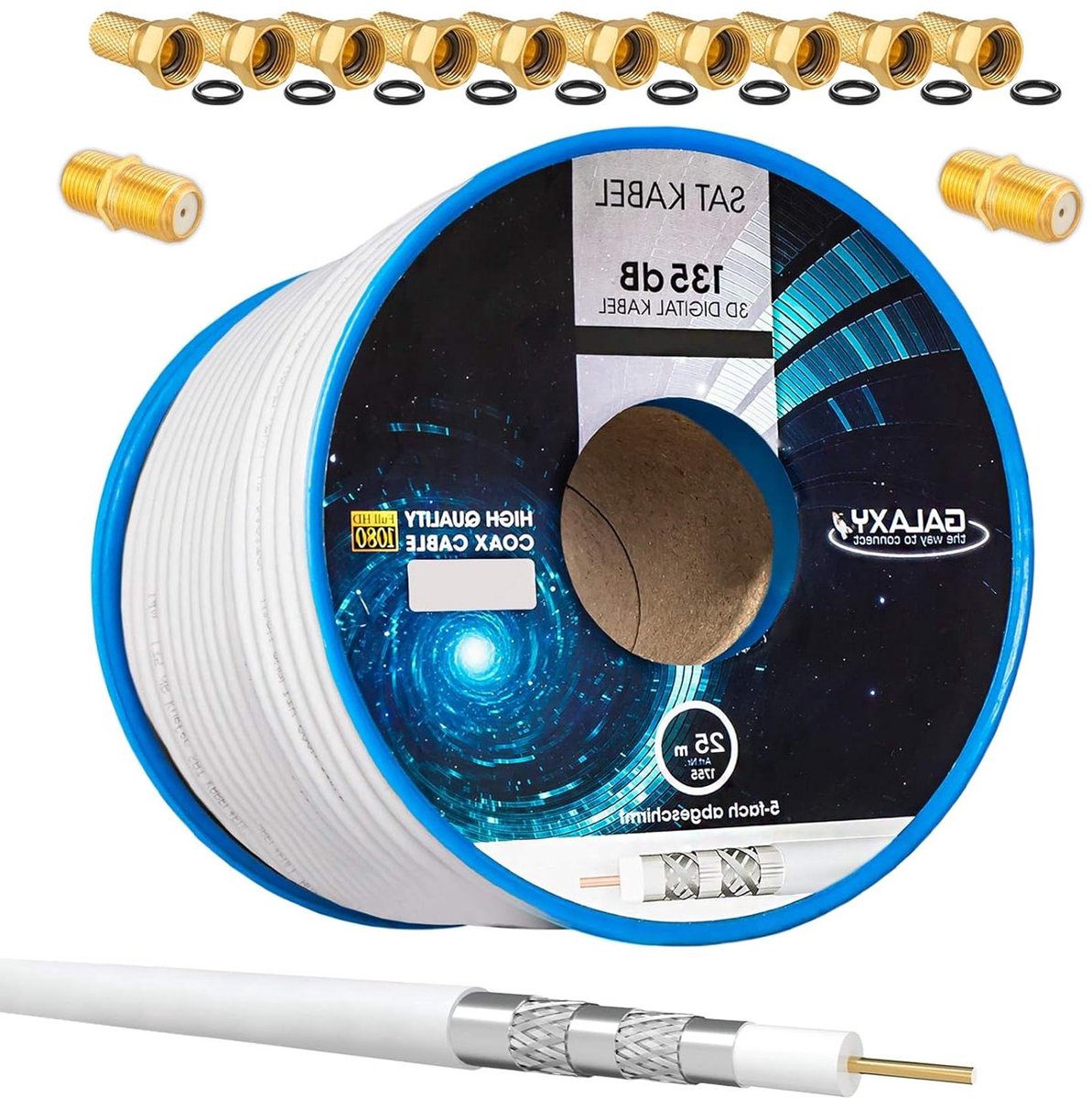 Coaxiale SAT-kabel - Antennekabel verguld - Digitale signaaloverdracht - 5-voudig afgeschermd - 25 meter - Wit