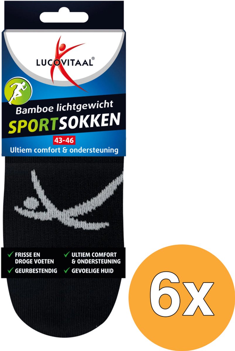 6x Lucovitaal Sportsok Bamboe 43-46 zwart (1 paar)