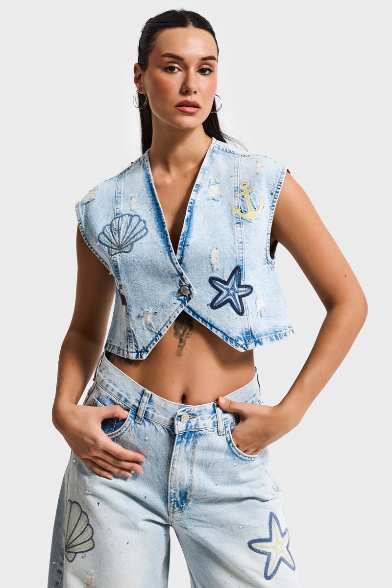 It's Basic - RHINESTONE DENIM WAISTCOAT