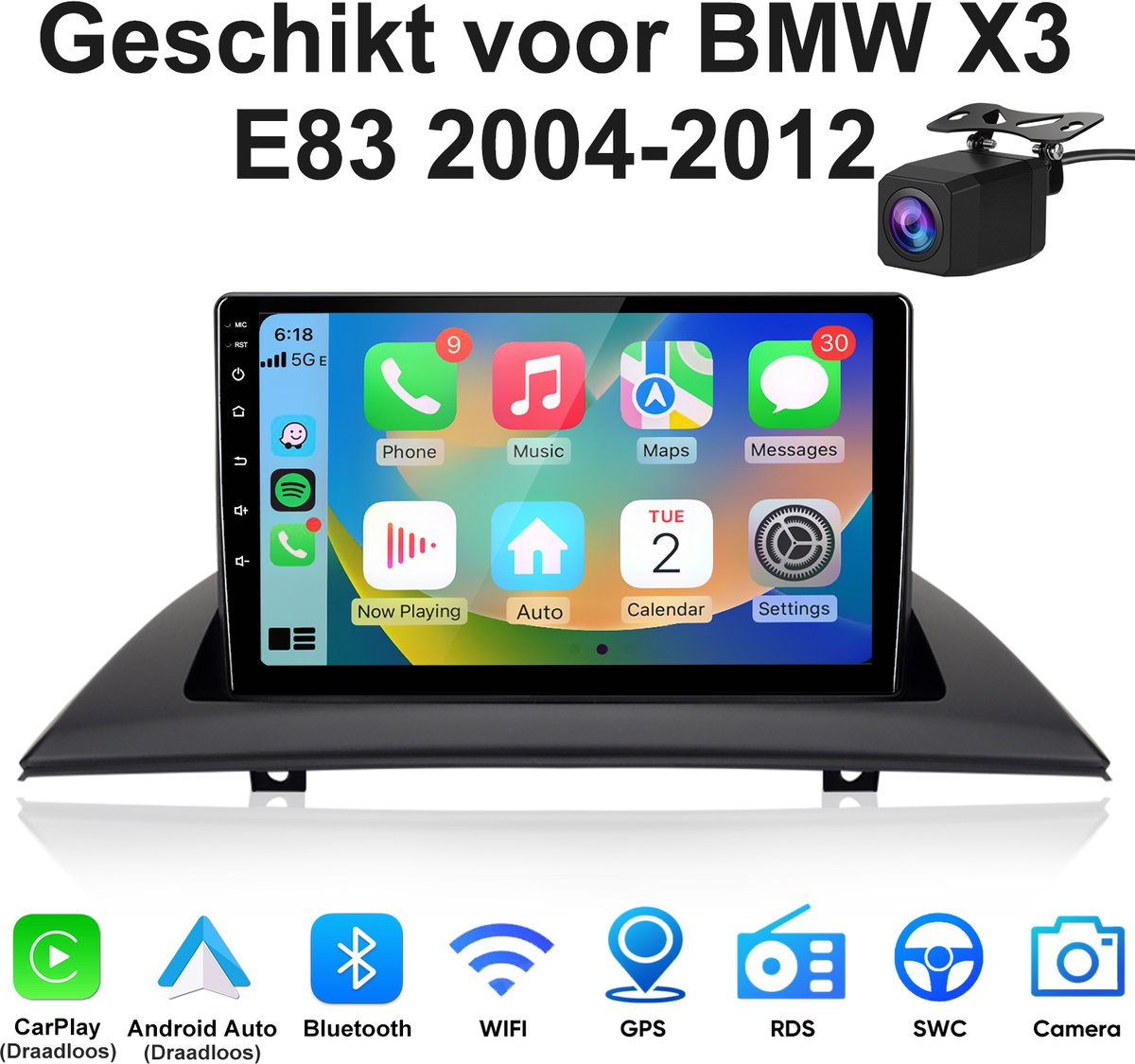 Junsun Autoradio Geschikt voor BMW X3 E83 (2004-2012) met Android 15, Draadloos CarPlay & Andrid Auto met Bluetooth, GPS-navigatiesystem, 9 Inch IPS TouchScreen, WiFi & FM, SWC & USB, DAB+, 2GB+32GB, DSP, Bellen via Bluetooth, Quad-core processor