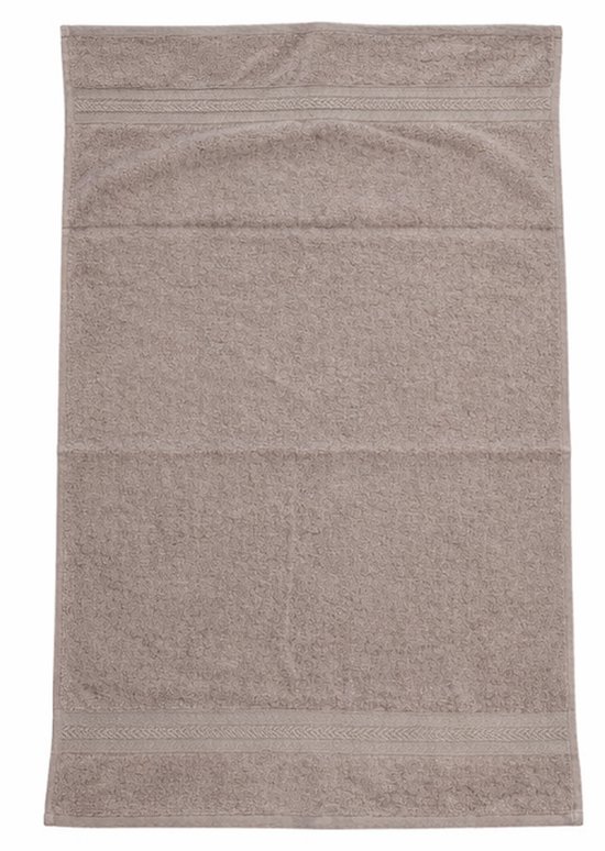 Taupekleurige handdoek met decoratieve strepen aan de boven- en onderkant en een zacht, absorberend textuur.