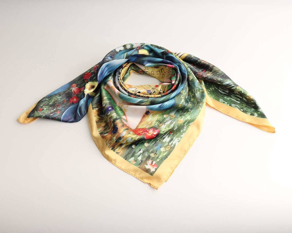 June Mara bandana dames – Blauw geel Gustav Klimt – Satijn look – 70x70 cm