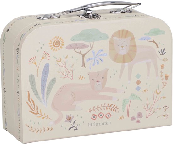 Crèmekleurig koffertje met illustraties van leeuwen en katachtigen in een savannelandschap.