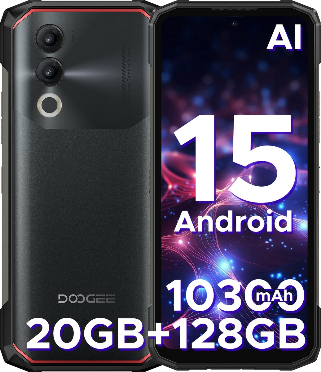 DOOGEE Blade 20 - Robuuste Smartphone - Outdoor Smartphone - 20GB RAM + 128GB - 10300mAh/18W - 6,56 inch 90Hz - 4G Dual SIM- Android 15 - IP68 - NFC- GPS - Face ID - Zwart