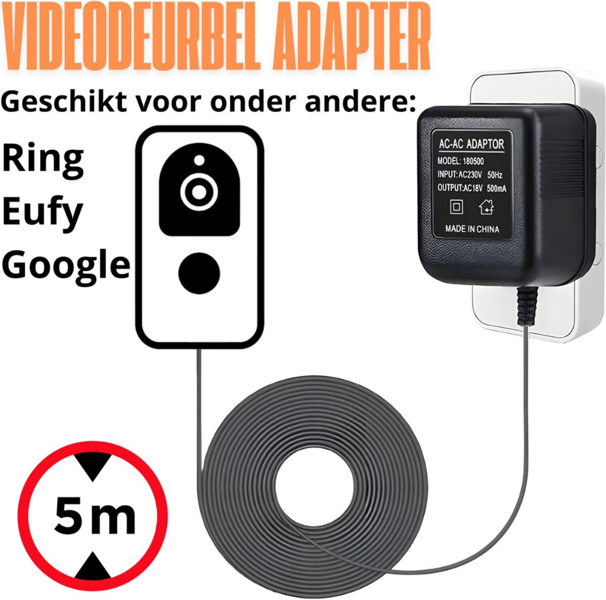 Videodeurbel Adapter Transformator - Geschikt voor Eufy, Ring, Google Nest - Videodeurbel Bedraad - 5 meter - Staza