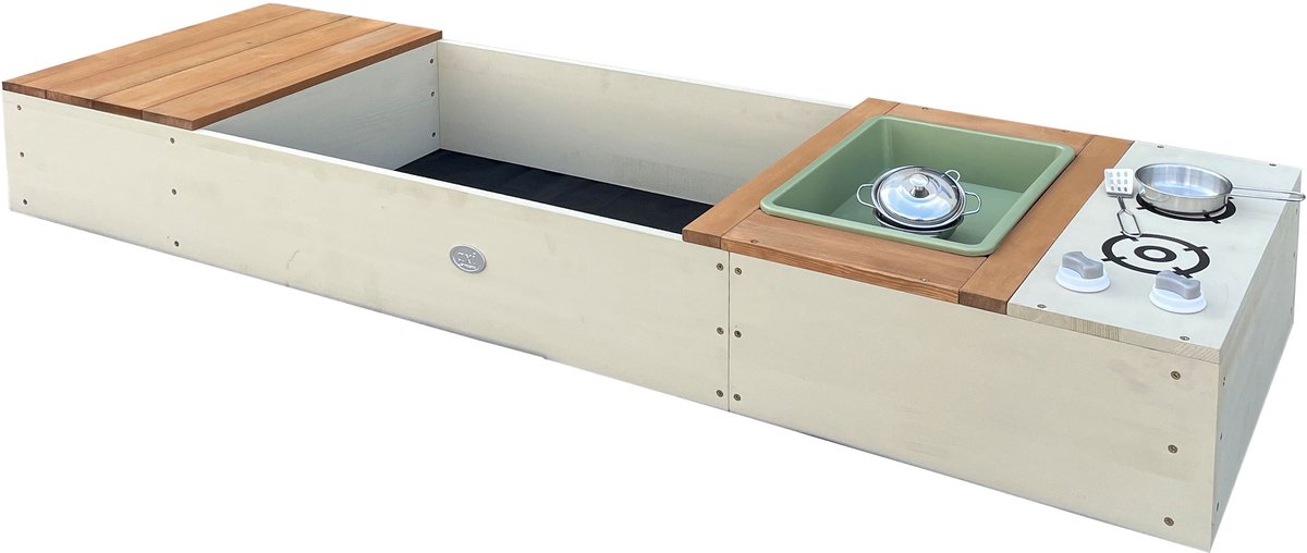 AXI Pippa Zandbak met speelkeuken en opbergbank 160 x 50 cm Beige/bruin – FSC 100% hemlock hout – Met Zand en Waterbak – Met 6-delige Speelgoed Kookset – Met Hoes en Grondzeil – 10 jaar garantie — afbeelding 9