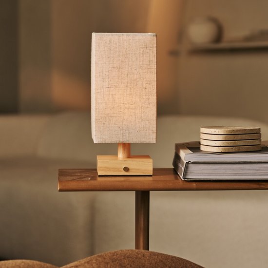 Tavellio Bob Oplaadbare Tafellamp – H30 – Hout & Linnen – Tot 100 branduren – Lichtbruin
