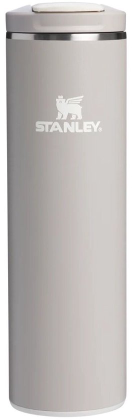 Grijze RVS thermosbeker met Stanley logo op de voorkant en een grijze flip-top deksel.