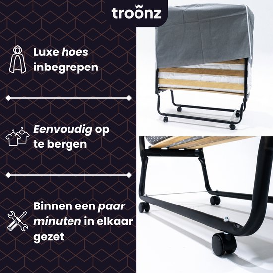 Troonz® Logeerbed One Deluxe 90x200 cm – Opklapbed 1 persoons - Vouwbed met Matras - Plooibed - Eenpersoonsbed - Met beschermhoes