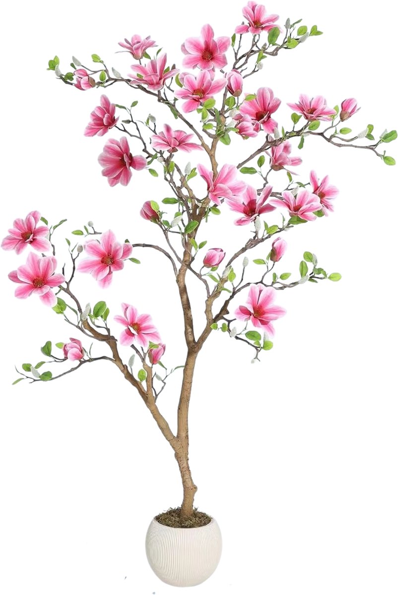 Happiq Kunstmatige magnoliaboom - Voor thuis of kantoor - Realistische zijden bladeren, zachtroze bloesems, onderhoudsvrij - Kunstplant - Roze-150cm