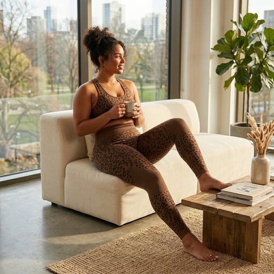 Koffie bruin sport legging dames - high waist fitness legging met luipaardprint - elastische yoga legging met aansluitende pasvorm - sport broek voor fitness yoga training en hardlopen - maat M van Merkloos — afbeelding 3