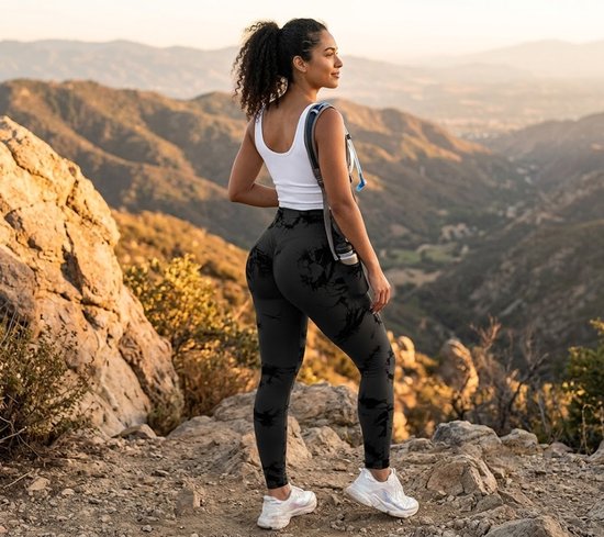 Donkergrijs sport legging dames - high waist fitness legging met zwart patroon - elastische yoga legging met aansluitende pasvorm - sport broek voor fitness yoga training en hardlopen - maat M van Merkloos — afbeelding 3