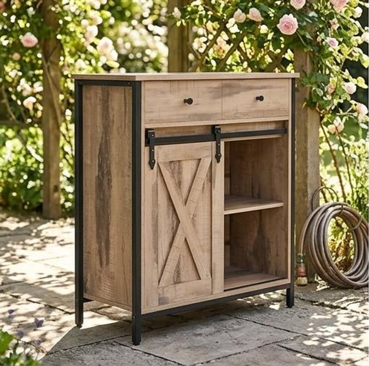 Dressoir met Schuifdeur en Lade 70x30x80 cm – Landelijke Opbergkast Sideboard Eikenbruin/Zwart met Verstelbare Planken voor Keuken en Woonkamer – Urbanhome