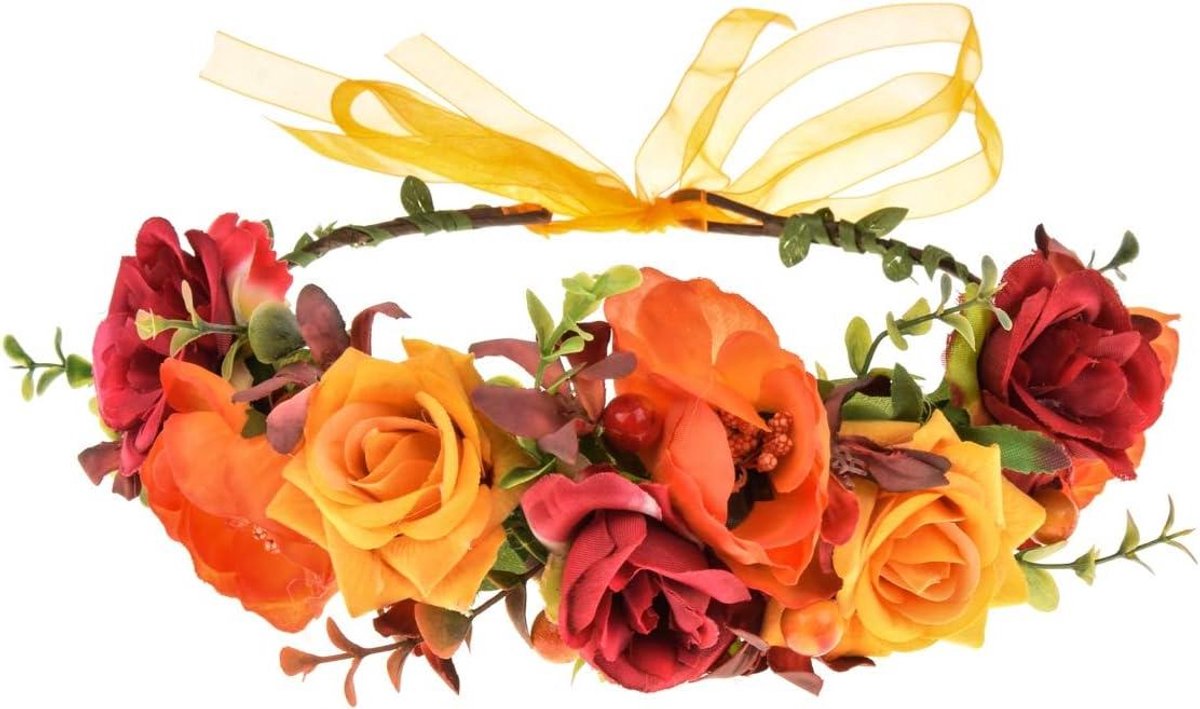 Bloemenkrans Hoofdband - Bloemen Haarband - Feestelijk Accessoire - Handgemaakt Ontwerp - Universele Pasvorm - Geel Rood