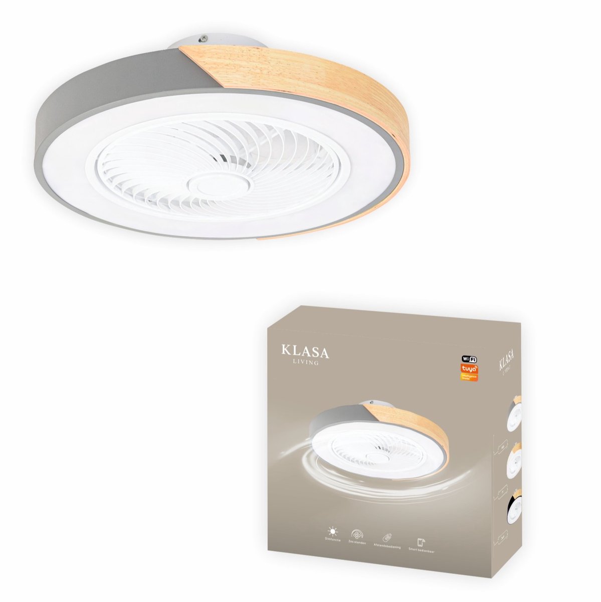 KLASA Living© Slimme Plafondventilator - Grijs + Hout - Ø 52 cm - Stille Motor - Handige App - Dimfunctie - Plafond Ventilator met Verlichting - Plafondlamp met Ventilator