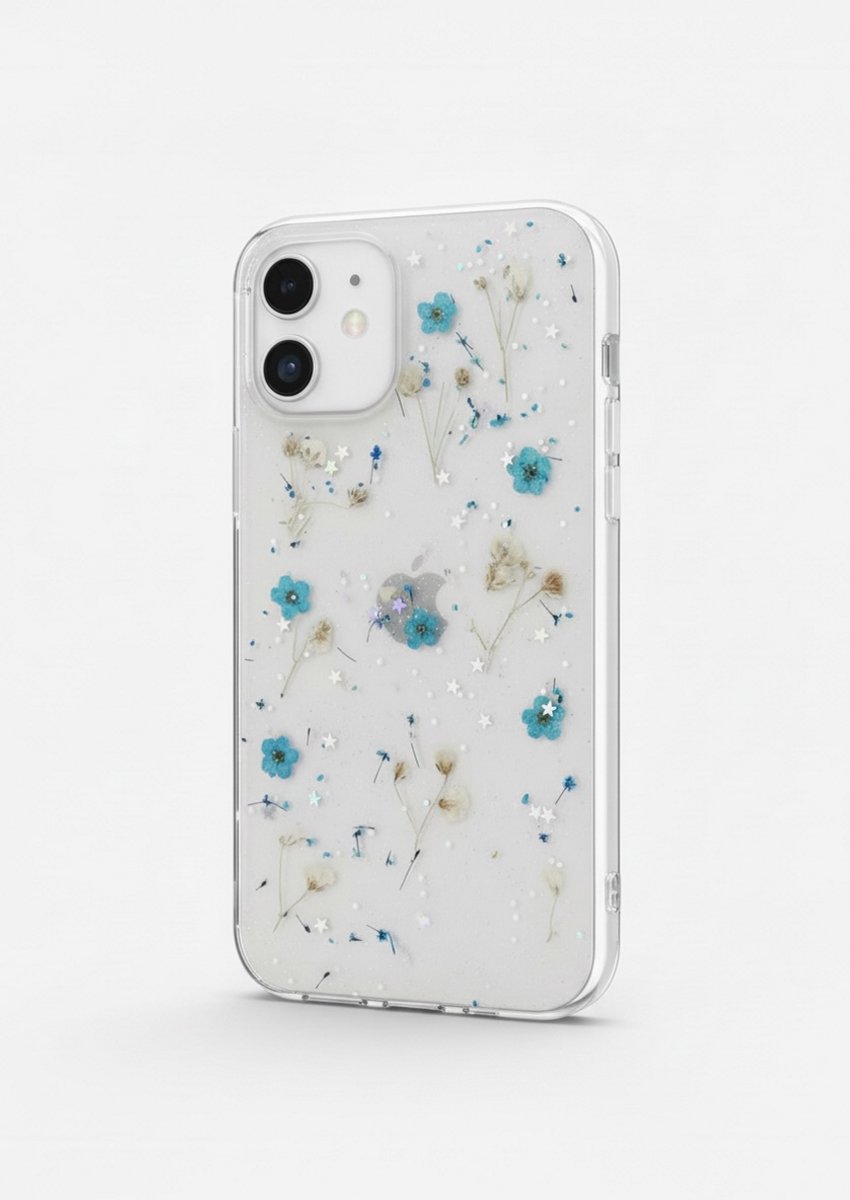 Iphone 15 telefoonhoesje - gedroogde bloemetjes - blauw