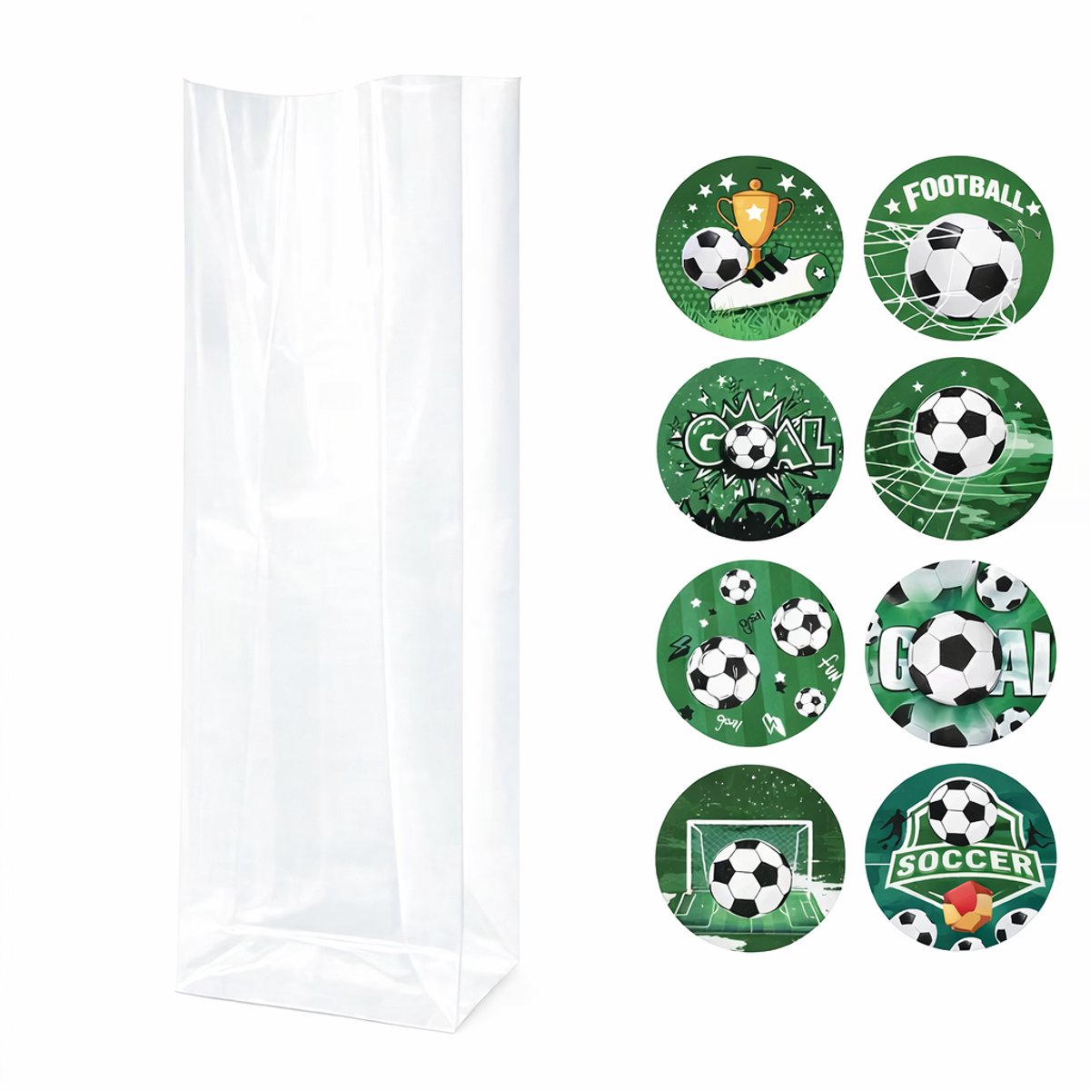 25x Uitdeelzakjes met Voetbal thema stickers | Blokbodem | 60 x 50 x 200 mm | Traktatiezakjes | Kinderfeestje | Cellofaanzakjes | Cadeauzakjes | Snoepzakjes | Plastic Zakjes | Uitdeelzakjes kinderen | Verpakkingszakjes Uitdeelcadeaus |