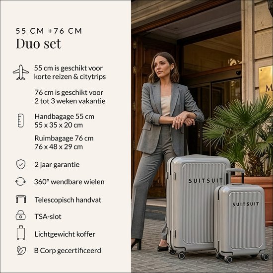 SUITSUIT Kofferset - Handbagage Koffer - Reiskoffer Groot - Kofferset 2 delig - TSA Slot - Lichtgewicht - Caretta Titanium Grey